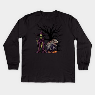 Scary dinasour with witch and pumpkin art for halloween season Kids Long Sleeve T-Shirt